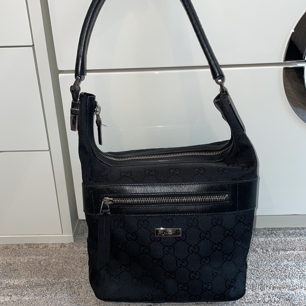 Gucci Shoulder Bag Tote monogram canvas leather black silver authentic